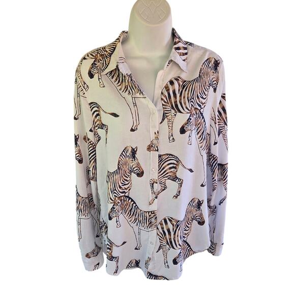Jane + Delancy Zebra Animal Print Linen Blend Blouse M Long Sleeve or Roll Tab - Picture 9 of 16